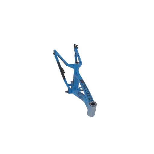 A bright blue BMX bike frame with dark decals, rendered in 3D against a black background.