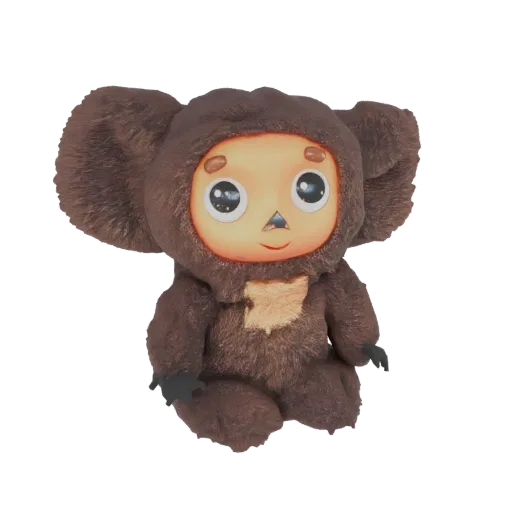 3D-Modell von Cheburashka, einer kleinen, braunen, pelzigen Kreatur mit großen Augen und Ohren, die sitzt.