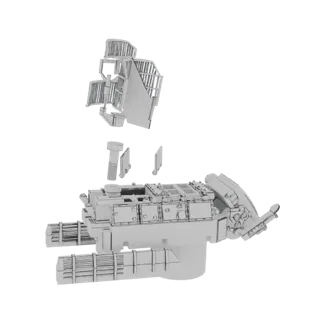 Modèle 3D d'un système modulaire de lance-missiles avec tourelle séparée, pods à missiles et composants d'assemblage.