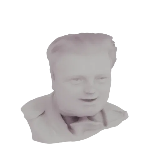 Render de modelo 3D de un busto gris pálido de un hombre con una sonrisa amigable, hombros y cuello visibles.