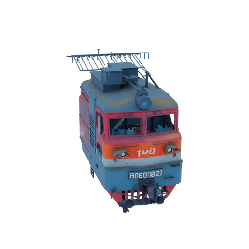 3D model of a weathered Russian V80-1822 electric locomotive with blue and orange livery, set against a black background.