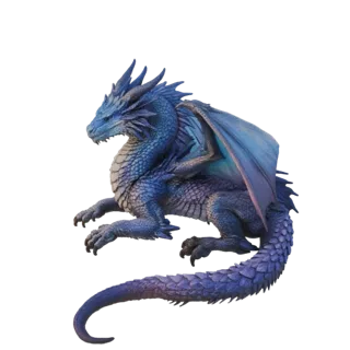 3D-Modell eines majestätischen blauen Eisdrachen in liegender Position, mit detaillierten Schuppen und schillernden Flügeln,