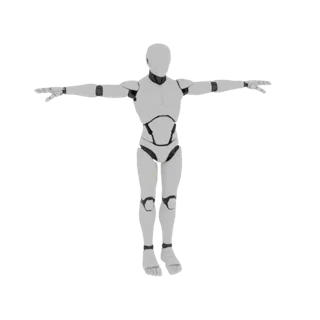3D-Modell eines weißen und schwarzen Roboters im T-Pose, stehend vor weißem Hintergrund.
