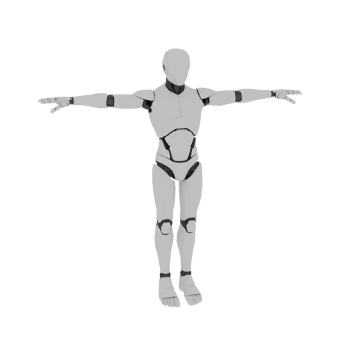 Modelo 3D de un hombre robot blanco y negro en T-pose, de pie contra un fondo blanco.