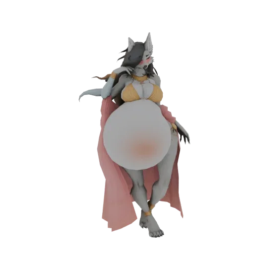 3D model of a pregnant wolf woman in a golden bikini with a flowing pink drape, standing in an elegant pose.