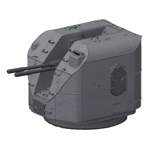 A 3D model render of a grey, twin-barreled naval gun turret with a rotating base and armored housing.