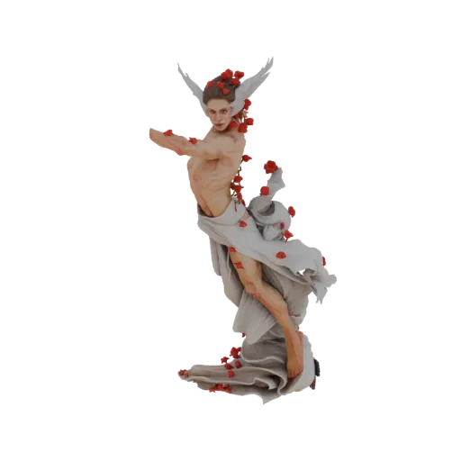 3D model of a graceful winged figure with flowing white fabric and scattered red roses, posed dynamically.