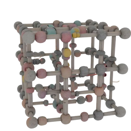 Protein Crystal Lattice Realistic 3D model, three-quarter studio render, showing colored spheres, molecule layout.