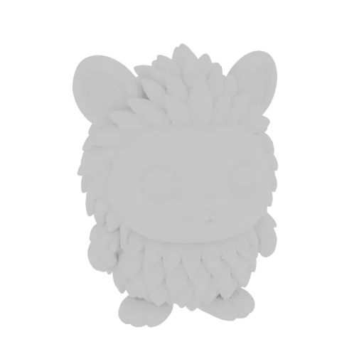 3D model of a cute, fluffy creature with large ears and a textured, leaf-like body, rendered in a neutral gray.