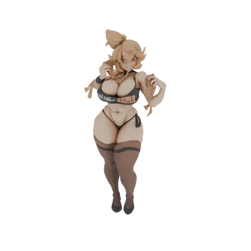 3D model of a curvy anime girl with blonde hair, wearing a black bikini and thigh-high stockings, in a playful pose.
