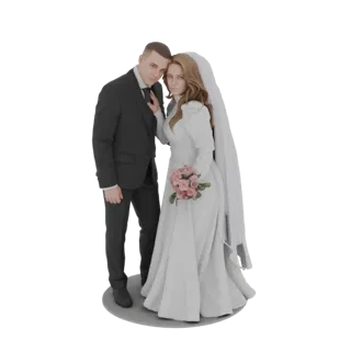 Modelo 3D de una pareja de boda, un hombre con traje y una mujer con vestido de novia sosteniendo rosas rosas, posando románt