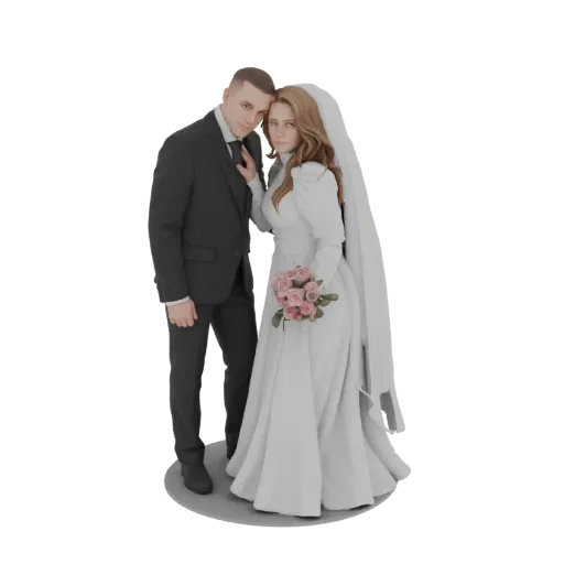 Modèle 3D d'un couple de mariage, un homme en costume et une femme en robe de mariée tenant des roses roses, posés de manière