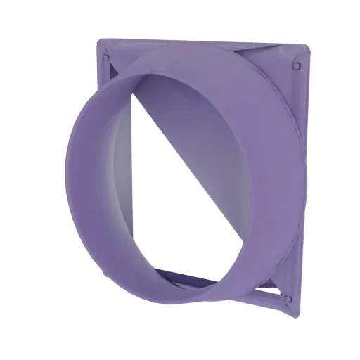 Un rendu 3D d'un connecteur de conduit abstrait violet en spirale avec une base carrée et une ouverture circulaire.