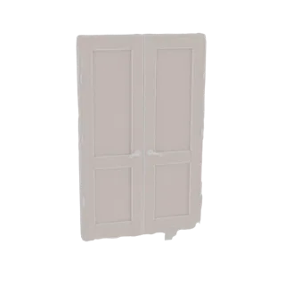 Un rendu 3D d'une porte classique double avec deux poignées argentées, présenté sur fond blanc.