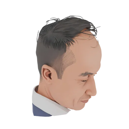 3D model of a man's head with short, dark, styled hair, viewed from the side.
