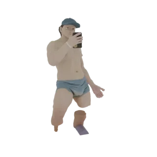 3D model of a man in blue swim trunks and a blue cap, holding a smartphone to take a selfie, with detached legs.