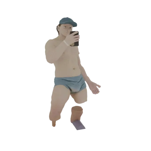 3D model of a man in blue swim trunks and a blue cap, holding a smartphone to take a selfie, with detached legs.