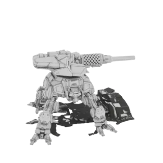 3D model render of a grey, quad-legged combat walker with a large cannon, casting a shadow on a white background.