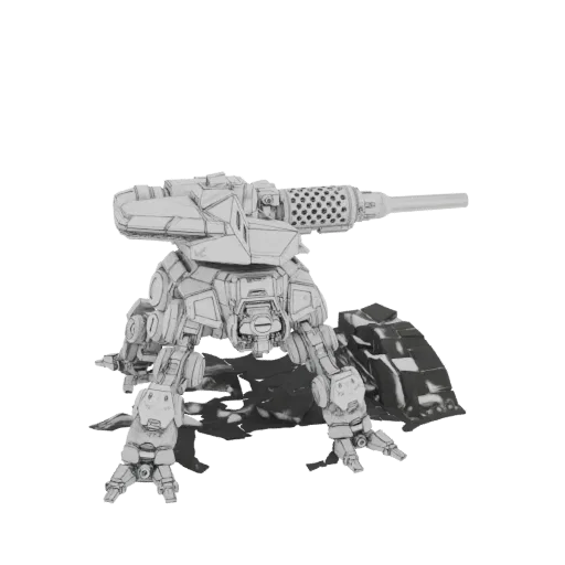 Renderização 3D de um andarilho de combate cinza de quatro pernas com um grande canhão, projetando uma sombra em um fundo bra