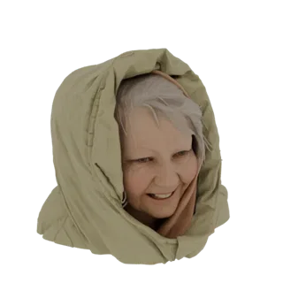 3D model of an elderly woman smiling, wearing a light green hooded scarf, with her hand gently touching her cheek.