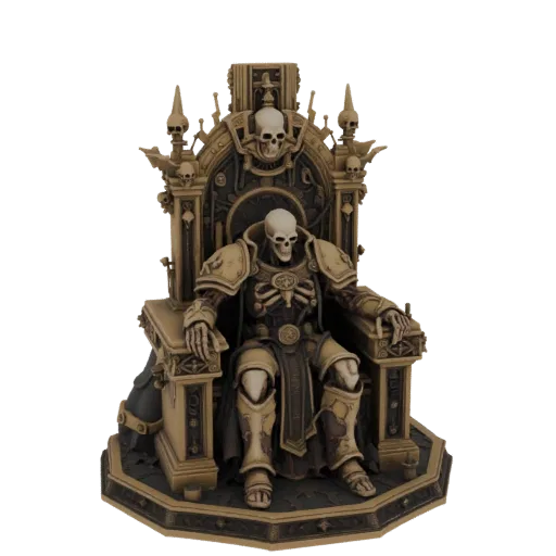 3D render of a skeletal figure in golden armor seated on an ornate, gothic throne with skull motifs.