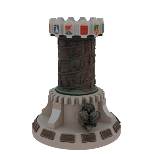 Modelo 3D de torre steampunk com engrenagens intrincadas, detalhes em relevo e emblemas coloridos no topo.