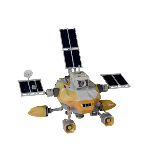Research Space Probe Low Poly 3D model, game viewport three-quarter view, showing solar panels, spacecraft silhouette.