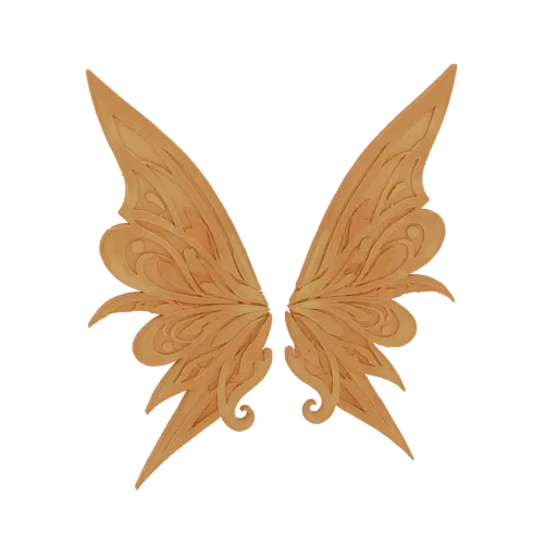 A 3D model of a pair of ornate, golden fairy wings with intricate filigree patterns, displayed against a white background.