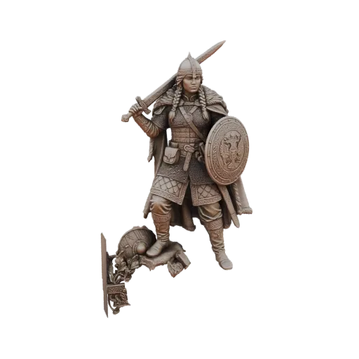3D model of a female Viking warrior in armor, holding a sword and shield, standing on a rocky base.