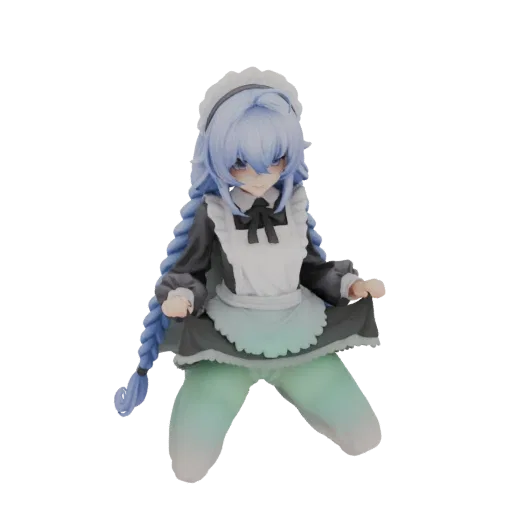 Renderização de modelo 3D de uma empregada anime com cabelo azul longo, vestindo uniforme preto e branco, em pose dinâmica.