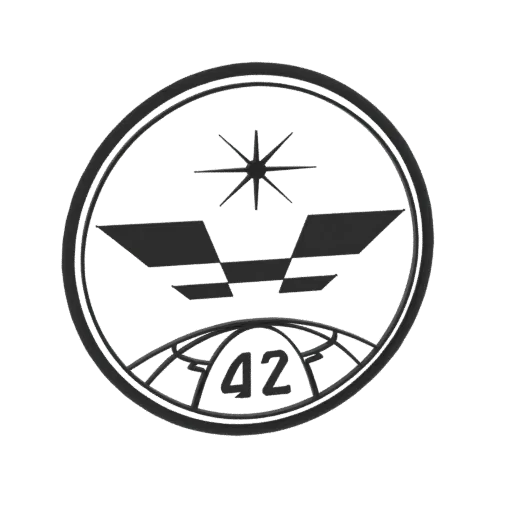 Render de modelo 3D de um emblema preto e branco com estrela, asas abstratas e o número 42, dentro de uma moldura circular.
