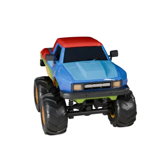 Modello 3D di Monster Truck Cartone Animato, vista studio a tre quarti, asset veicolo stilizzato con silhouette costruita app