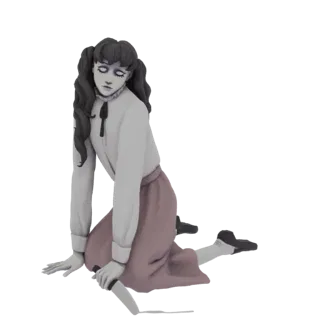 A 3D render of a creepy doll with pigtails and blank eyes, sitting on the floor and holding a knife.