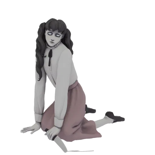 Uma renderização 3D de uma boneca assustadora com maria-chiquinha e olhos vazios, sentada no chão e segurando uma faca.