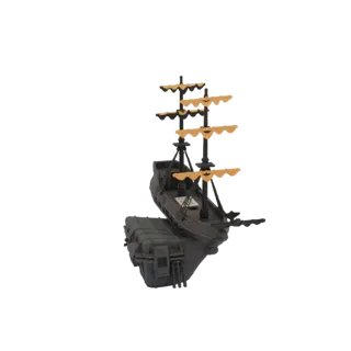 3D-Modell einer Steampunk-Galeone mit beigen Segeln und einer dunkelgrauen Frachtcontainer-Basis, aus einem leicht erhöhten W