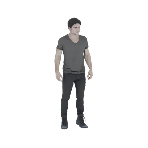 Modello 3D di un uomo con maglietta grigia e pantaloni scuri, in posa neutra.