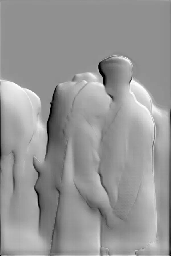 3D model of a bas-relief depicting a group of people in coats, front view.