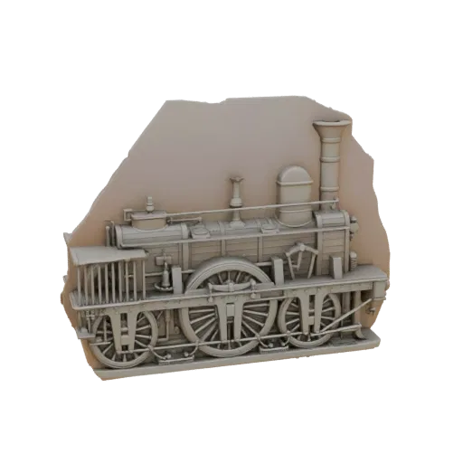 Un modelo 3D detallado de una locomotora de vapor antigua, visto desde un ligero ángulo, mostrando sus intrincadas ruedas y e