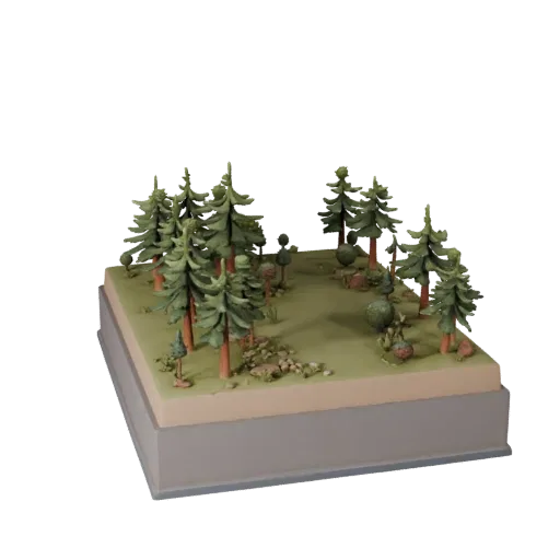Forest Encounter Diorama 3D model, stylized isometric environment render, showing sculpted terrain, terrain detail.