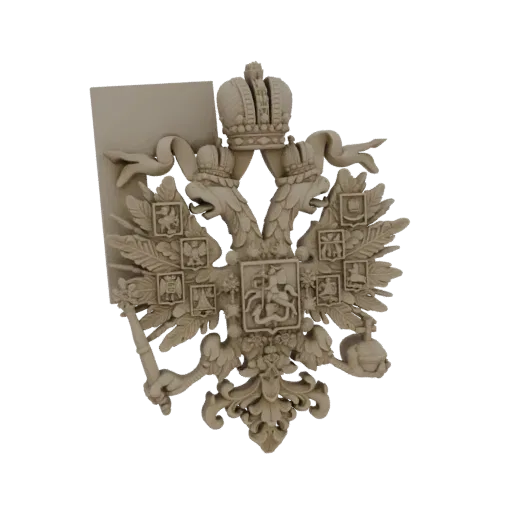 3D model of a detailed double-headed eagle emblem with crowns and shields, rendered in a neutral stone-like material.