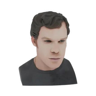 Render do modelo 3D de um busto de homem com intensos olhos verdes e cabelo escuro e ondulado, vestindo uma camiseta escura.