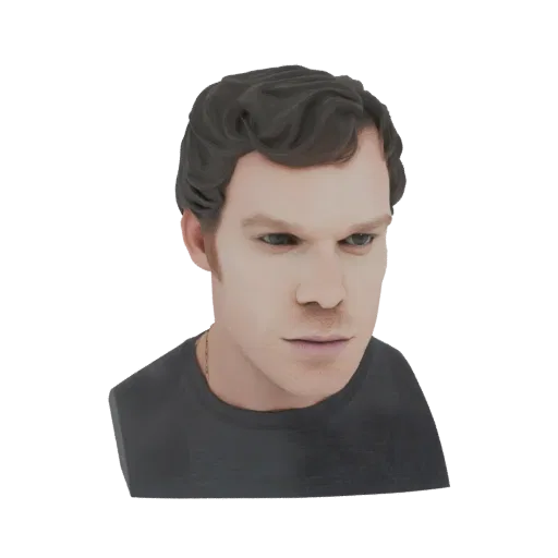 3D-Modell-Rendering eines Männerbusts mit intensiven grünen Augen und dunklem, welligem Haar, der ein dunkles T-Shirt trägt.