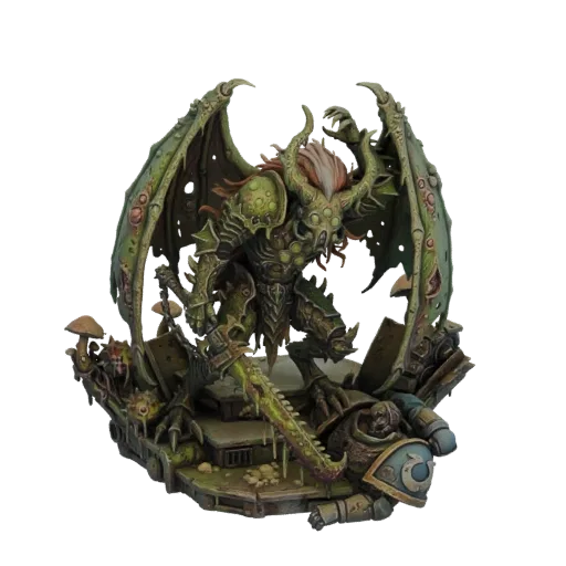 3D model of the Lord of Contagion, a winged, decaying demon warrior standing over a fallen soldier on a ruined base.
