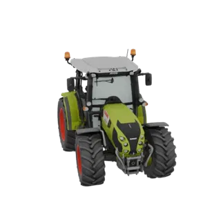 Front view of a detailed 3D model of a CLAAS AXOS 320 tractor, showcasing its green hood, grey cabin, and large agricultural