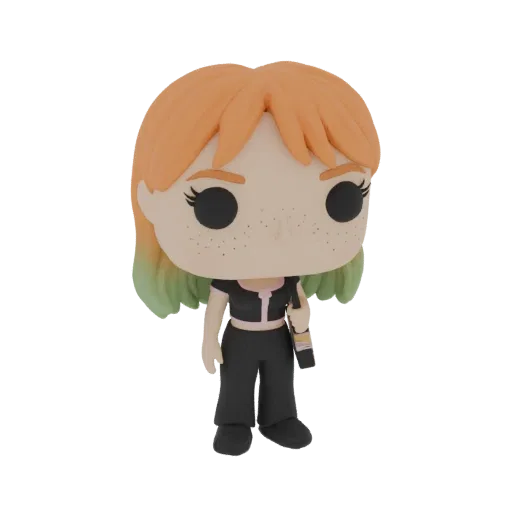 3D model of a freckled girl with orange and green ombre hair in a Funko Pop style, wearing a black outfit and holding a small bag.