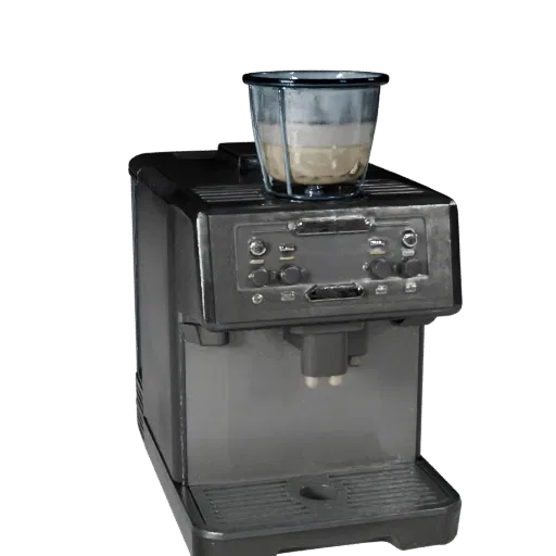 Compact Coffee Machine Stylized 3D model, dining room, stylized isometric render, plastic detail.