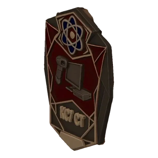 3D model of a sci-fi badge with atomic symbol, computer, scanner, and 'KC7 CT' text, featuring a metallic border and red back