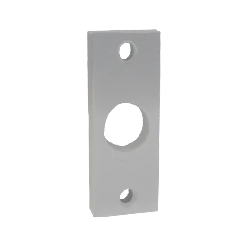 3D model render of a white rectangular door latch plate with a large central hole and a smaller hole above it, against a blac