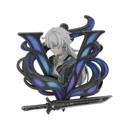 Modelo 3D de espadachim de anime com cabelo branco, vestindo roupas tradicionais, emoldurado por um emblema 'V' escuro com detalhes em azul e roxo, segurando uma espada.