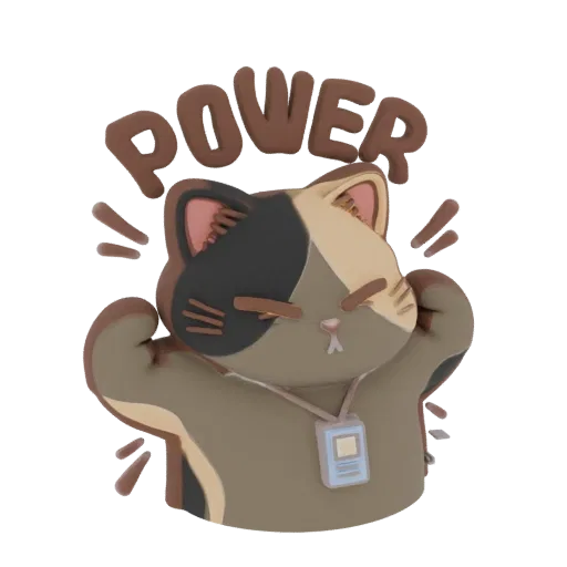 3D model of a determined calico cat flexing its arms with the word 'POWER' above, rendered with a brown and cream color schem